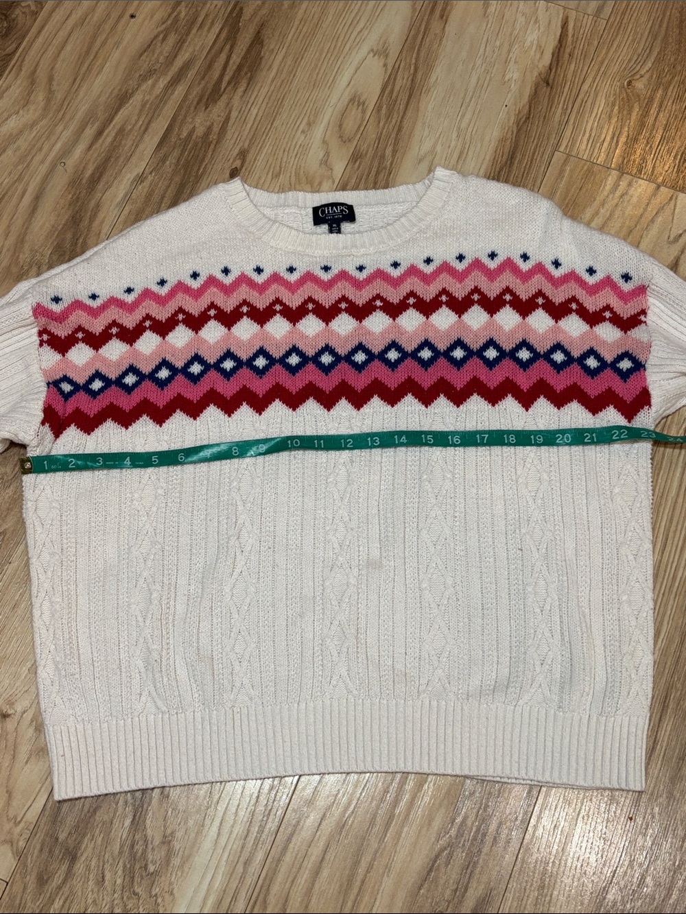 Chaps Cream Cable Knit Sweater with Pink, Red & Blue Fair Isle Pattern XL - Picture 3 of 6